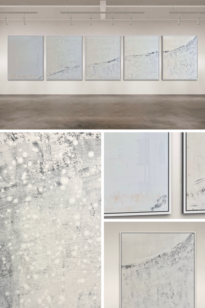 Tō — The Climb A five-piece series by Gina Keatley Tō — The Climb explores the quiet intensity of beginning again. Blending deep black with soft off-whites and Cloud Dancer tones, the series reflects the tension between effort and ease, shadow and clarity. Dark, decisive lines cut through luminous fields, mirroring both physical landscape and emotional ascent. Anchored by the Japanese character 登 (Tō), meaning to climb or to rise, the series draws inspiration from Gina Keatley’s time in Japan with her husband—a period marked by movement, reflection, and shared momentum. Each canvas represents a distinct moment within the climb: the initial push forward, the pause to recalibrate, the shift in perspective, the lift toward momentum, and the arrival at higher ground. Minimal in palette yet resonant in gesture, Tō — The Climb honors partnership, perseverance, and the beauty of forward motion. It is a meditation on ascent—not as spectacle, but as lived experience—where progress unfolds quietly, layer by layer.