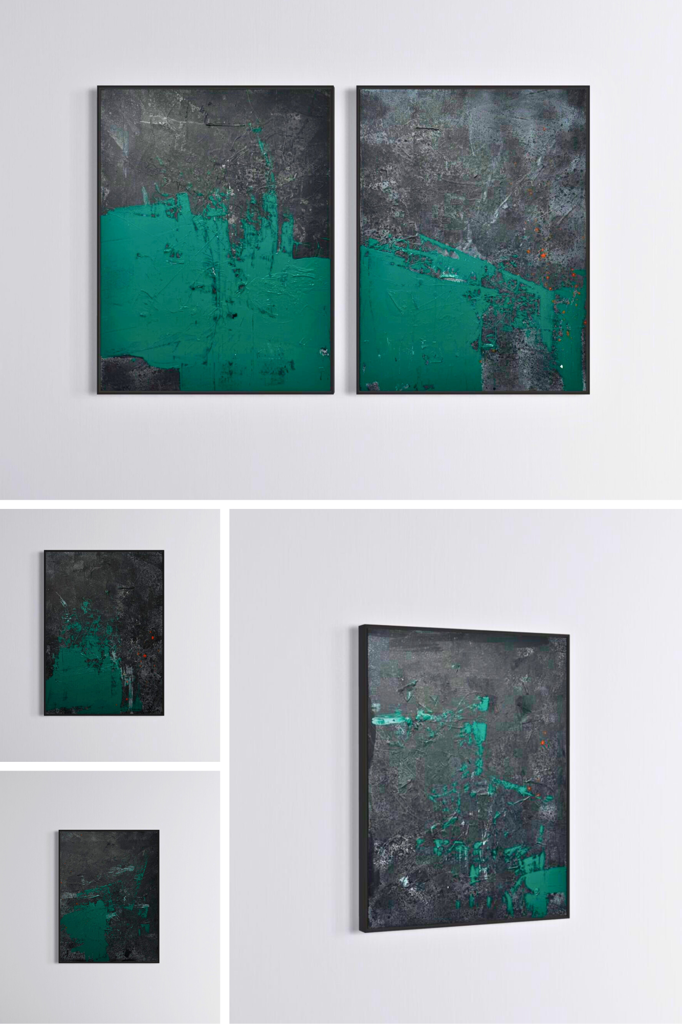 Ash and Algae Series In Ash and Algae, Gina Keatley offers a visceral exploration of opposing forces—destruction and regeneration, pressure and bloom, collapse and ascent. This six-work series (comprising seven total canvases) contemplates resilience not as survival, but as transformation. Drawing from geologic and oceanic forms—volcanic fields, mineral scars, and reef emergence—Keatley composes a visual language rooted in elemental tension. Grounded in a palette of mineral black and saturated algae green, the works evoke scorched terrains overtaken by life. Layers of acrylic accumulate like sediment or cooled magma, scraped and shifted to reveal histories beneath. Her surfaces are not decorative—they’re durational, holding the record of friction and release. At the core is Resurge Seam, a monumental diptych that establishes the conceptual and emotional tone of the series. One panel asserts with vibrant momentum; the other recesses in quiet erosion. Their dialogue feels tectonic—simultaneously split and stitched—mapping the moment when fracture becomes evolution. Each accompanying piece reflects a different expression of resilience through material and motion: Seepform channels the vertical movement of growth—like minerals or color wicking upward through stone. Spores pulses with latent energy, its pitted surface suggesting micro-bursts of life asserting themselves. Tide captures horizontal drift and return, echoing the wash of current and sediment. Abyss Thread offers a haunting density—darker, quieter—where emergence flickers just below. Emergent Vein feels alive with motion, a slanted vein of green coursing through the dark, a lifeline in retreating ash. Throughout the series, Keatley resists clean resolution. These are not fixed compositions but living terrains—shifting, scarred, evolving. No canvas seeks symmetry; instead, each work allows imbalance, erosion, and residue to serve as structure. They offer no illusion of finality—only continuation. Ash and Algae is not a depiction of the natural world, but an echo of its deep rhythms: what decays, what persists, what dares to begin again. It is a meditation on quiet force and the unseen systems through which life reclaims the burnt.