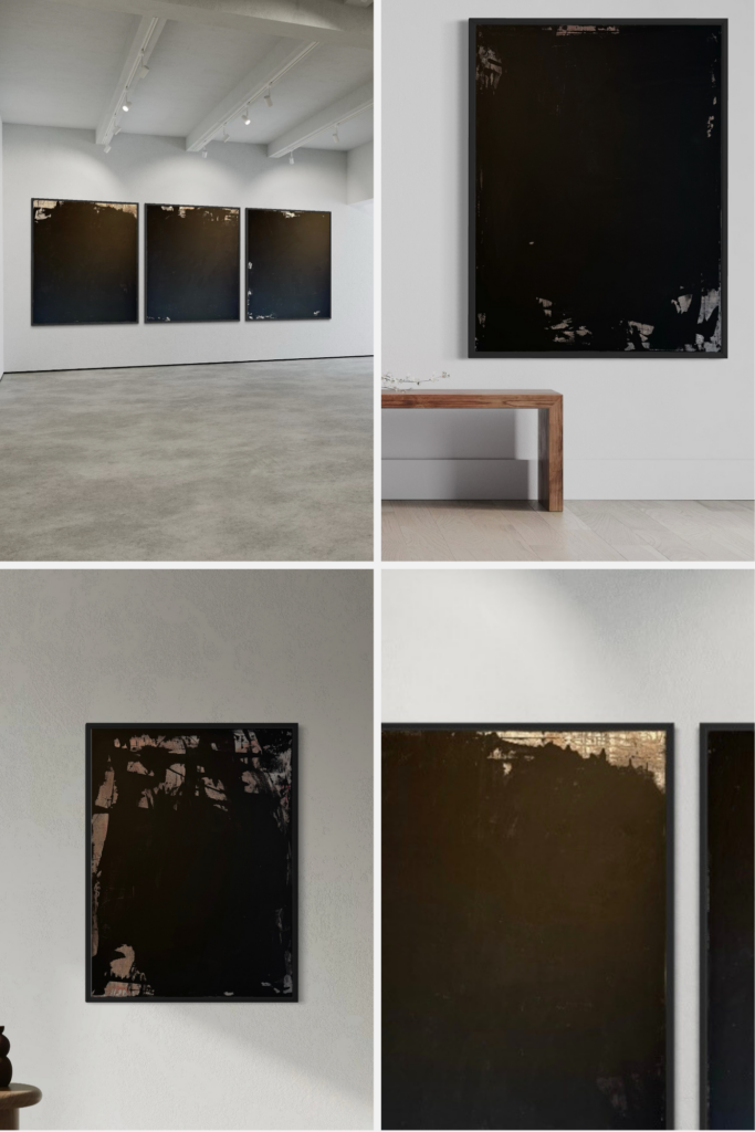 In Latitude, Gina Keatley advances her investigation of contemporary black abstract painting through a language of restraint, density, and structural precision. Working within a disciplined palette of saturated matte black, burnished bronze, and restrained ember undertones, Keatley constructs surfaces that resist spectacle in favor of depth. The series is anchored by her signature rain technique—fine droplets that settle into the canvas and create subtle shifts in sheen and atmosphere—combined with deliberate scraping that reveals underlying compositional strata. These gestures are not expressive in the traditional sense; they are architectural. Black functions not as void but as dimensional field. Light appears not as highlight but as calibrated interruption. Rather than expanding outward through gestural excess, Latitude proposes expansion through concentration. The paintings demand duration. They reward sustained looking. What initially reads as minimal reveals layered structural decisions embedded beneath the surface. The triptych Latitude: Oku establishes the horizon of the series—monumental, lateral, and interior. The smaller works refine that vocabulary into moments of ignition, presence, softness, and contained motion. Across scale, Keatley’s practice aligns with a lineage of minimalist abstraction while remaining distinctly contemporary in its textural methodology.